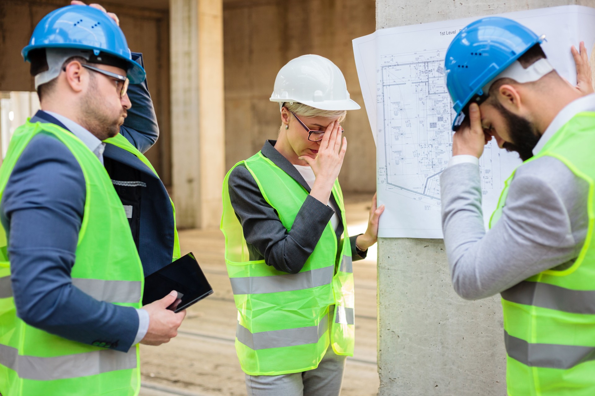 Team of successful young engineers and business partners facing problems on a construction site